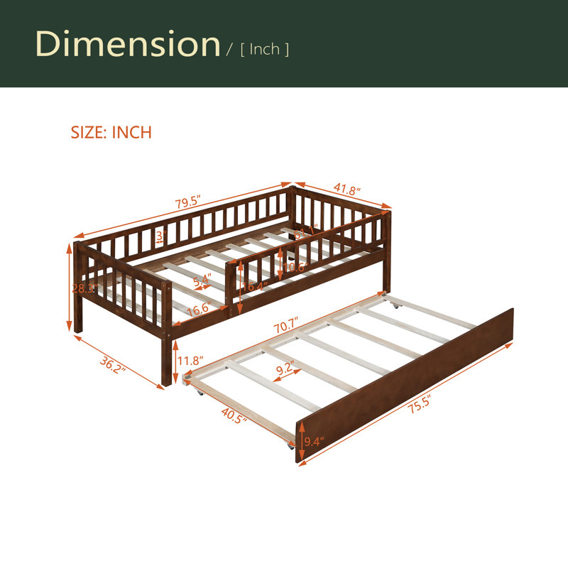 Twin Size Wood Daybed With Trundle And Fence Guardrails, Walnut