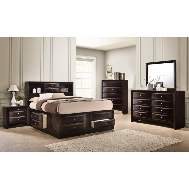 Grand lit plateforme en bois massif avec tête de lit bibliothèque et grand rangement dans la chambre à coucher, rangement pratique en cerisier,