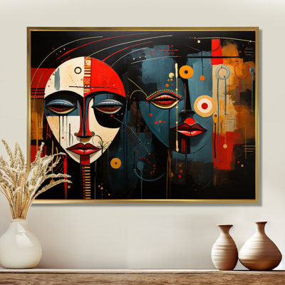 Portrait moderne déconstruit en rouge bleu noir II - Masque africain, art mural salon
