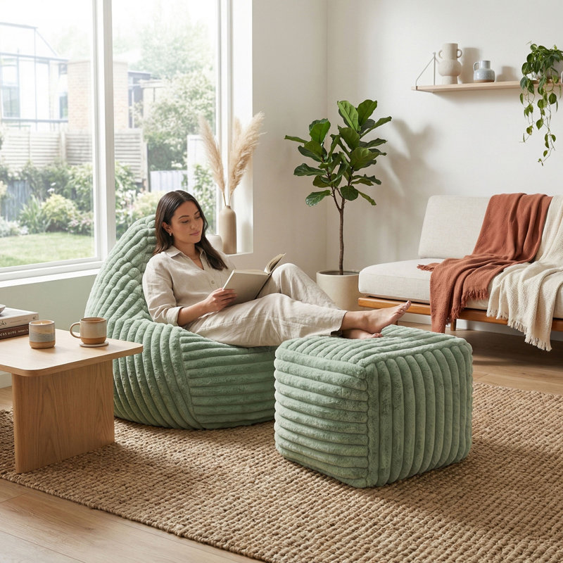Demetrios Faux Fur Pouf, Green Faux Fur
