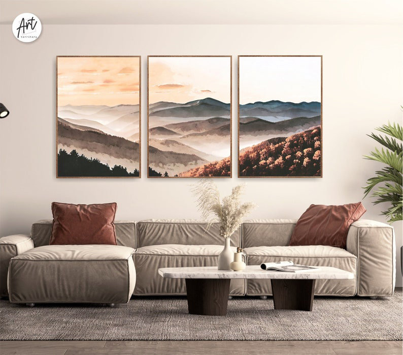 «Great Smoky Mountains», ensemble de 3 reproductions d'art mural, H 16 po x l 36 po x P 0,75 po, Toile tendue