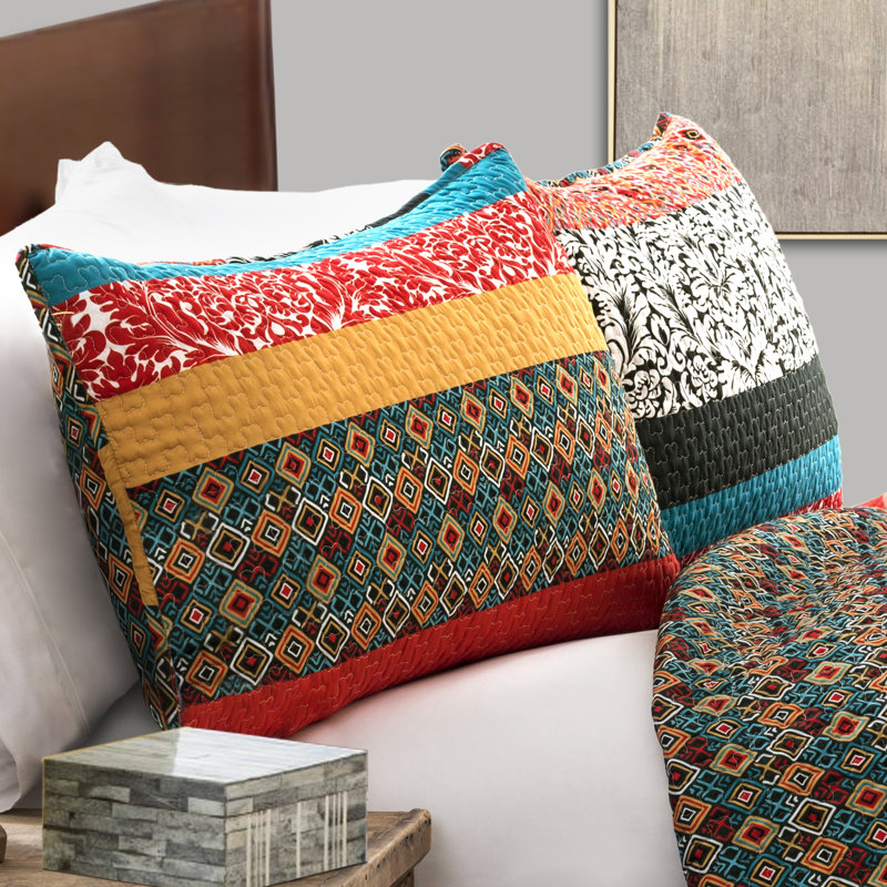 Boho Stripe Reversible Coverlet Set, King Quilt + 2 King Shams, Turquoise/Tangerine
