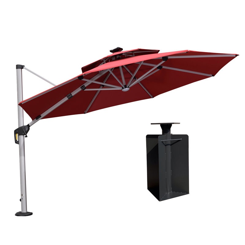 Parasol en porte-à-faux rond 11 pi avec lumières et base au sol, rouge, Terra