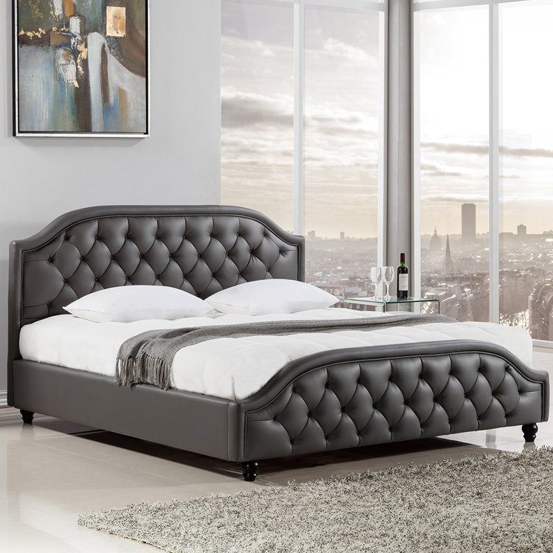 Lit plateforme rembourré Maliky en bois, format queen, Grand