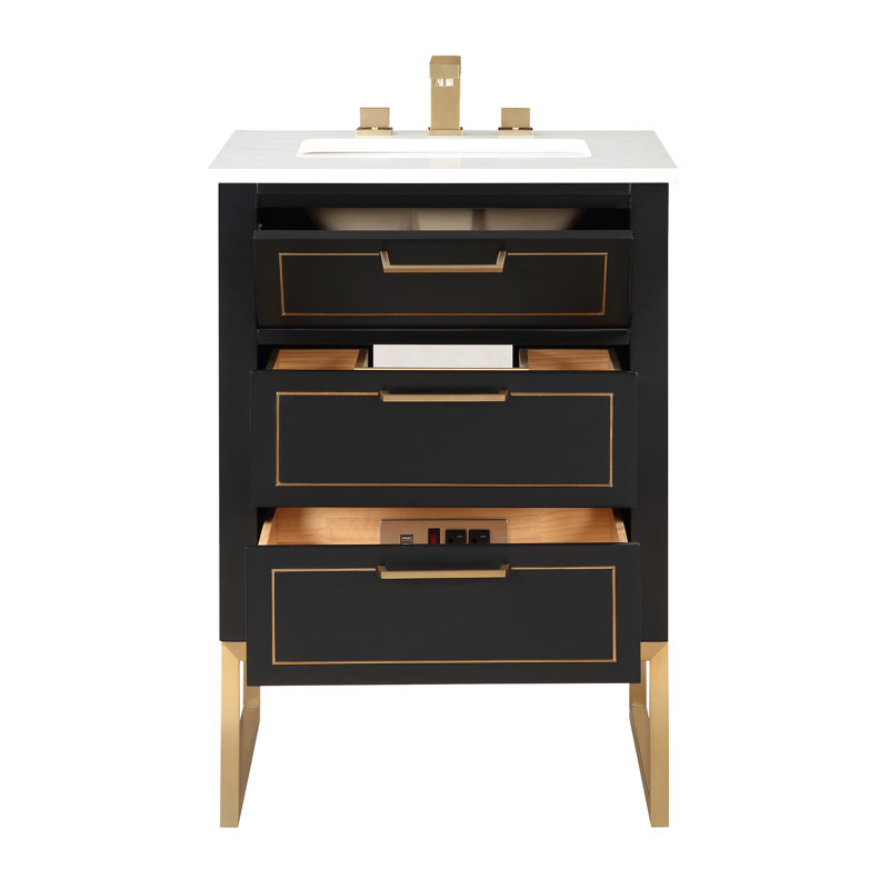 Ensemble de meuble-lavabo simple 24 po Markham, Nuit noire, Quartz blanc, Laiton satiné
