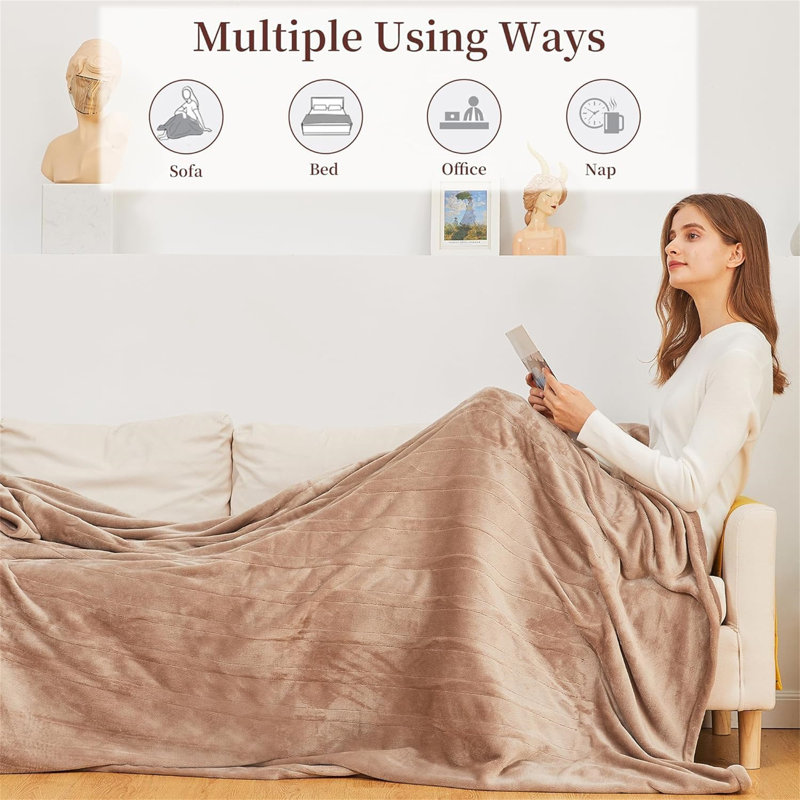 Thermal Fleece Electric Heated Blanket Throw 6 Heat Settings Digital Controller 4 Hours Auto Shut Off 180cm