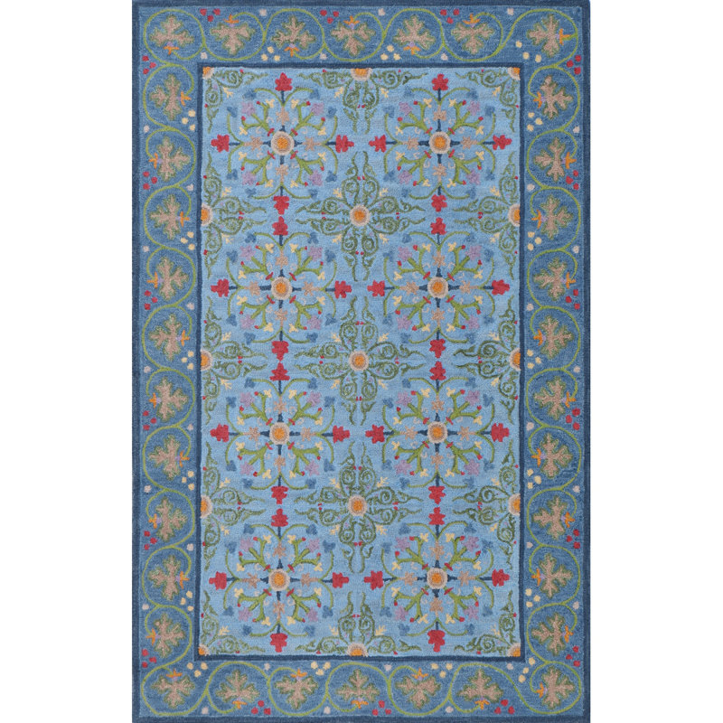 Alpenrose Hand-Tufted Wool Loop Pile Indoor Rug Traditional Bordered Blue , Rectangle 5' x 8'