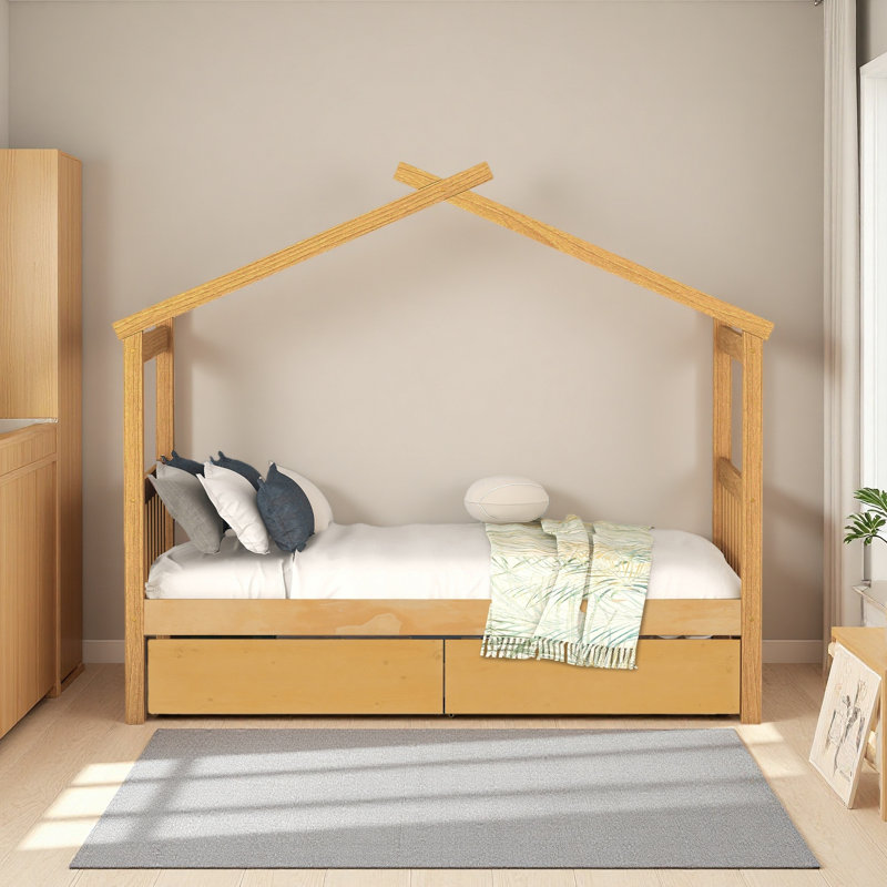 Lit en bois avec tiroirs, Natural, Lit simple