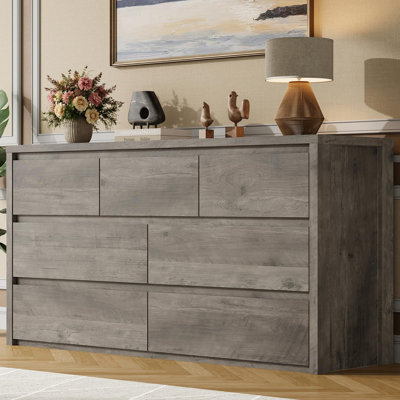 Modern 7 Drawer Dresser for Bedroom – Wide Wooden Chest of Drawers – Large Storage Organizer for Living Room, Hallway, Entryway-Gray 2-box Sent