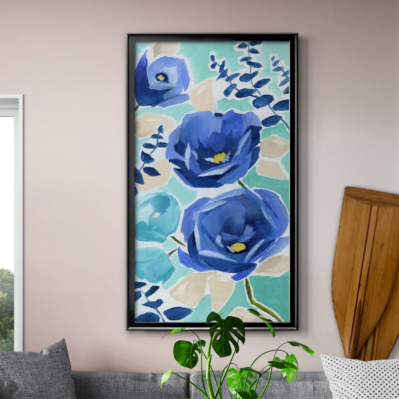 «Blue Modern Garden II», peinture sur toile encadrée, H 14,5 po x l 26,5 po x P 1,5 po, Cadre noir