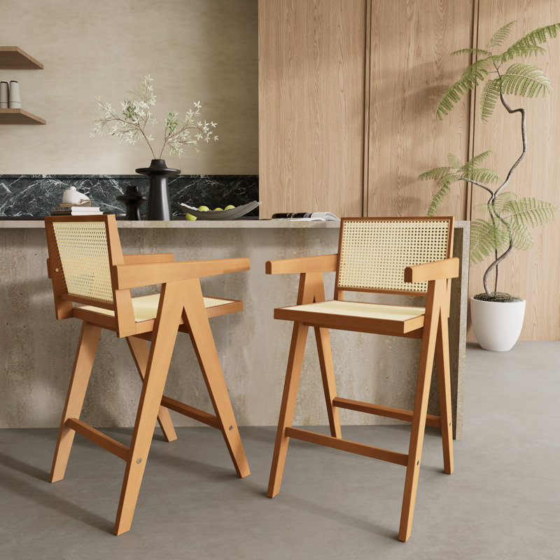 Hassan 27’’ Rubberwood Counter Stools With Cane Webbing, Beige/Natural