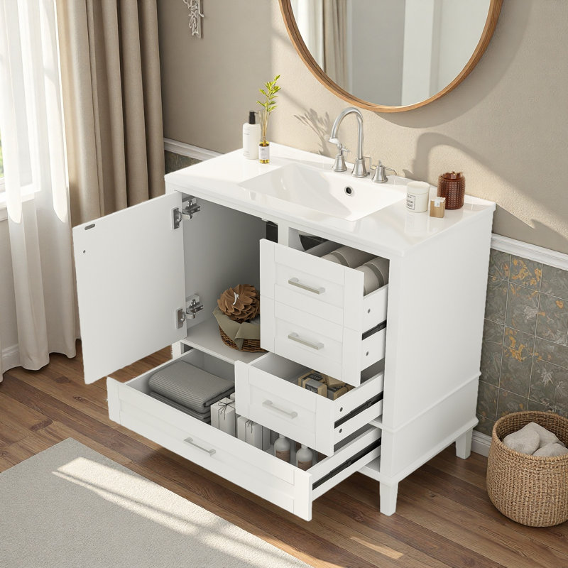 36" Bathroom Vanity With Solid Pine Frame, Silver, White