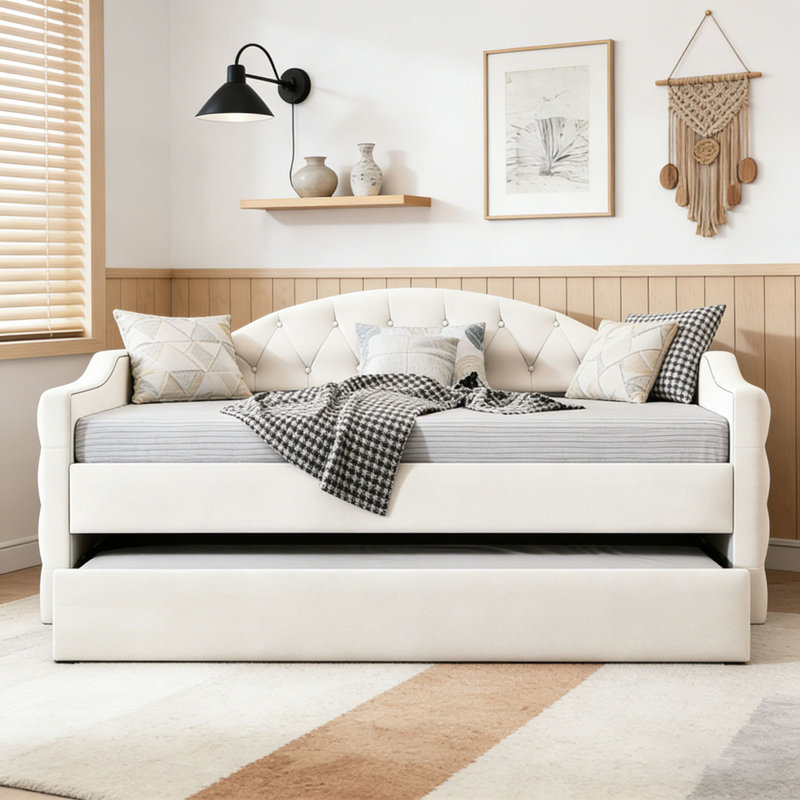 Lit de jour capitonné capitonné avec couchette, Beige