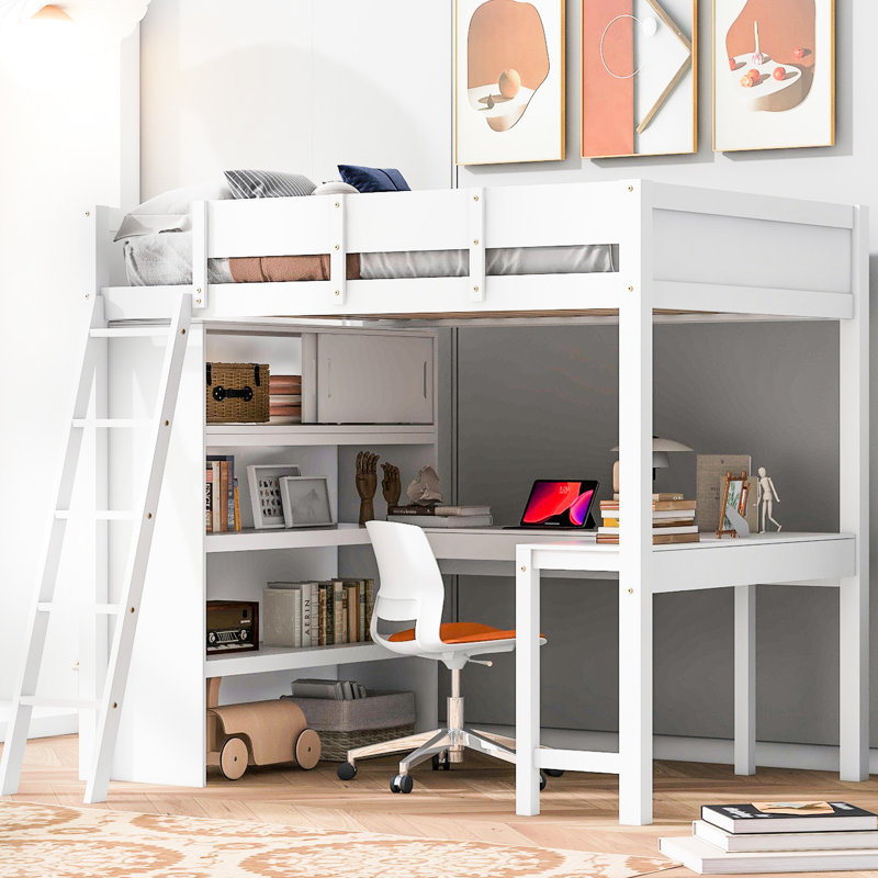 Lit mezzanine double blanc avec bureau et tablette. Conception de l'espace. Fabriqué en pin massif. Structure solide et stable. Garde-corps pour. Convient aux petites chambres. Dimensions: 78 po x 57,6 po, 70,9 po. Sans matelas