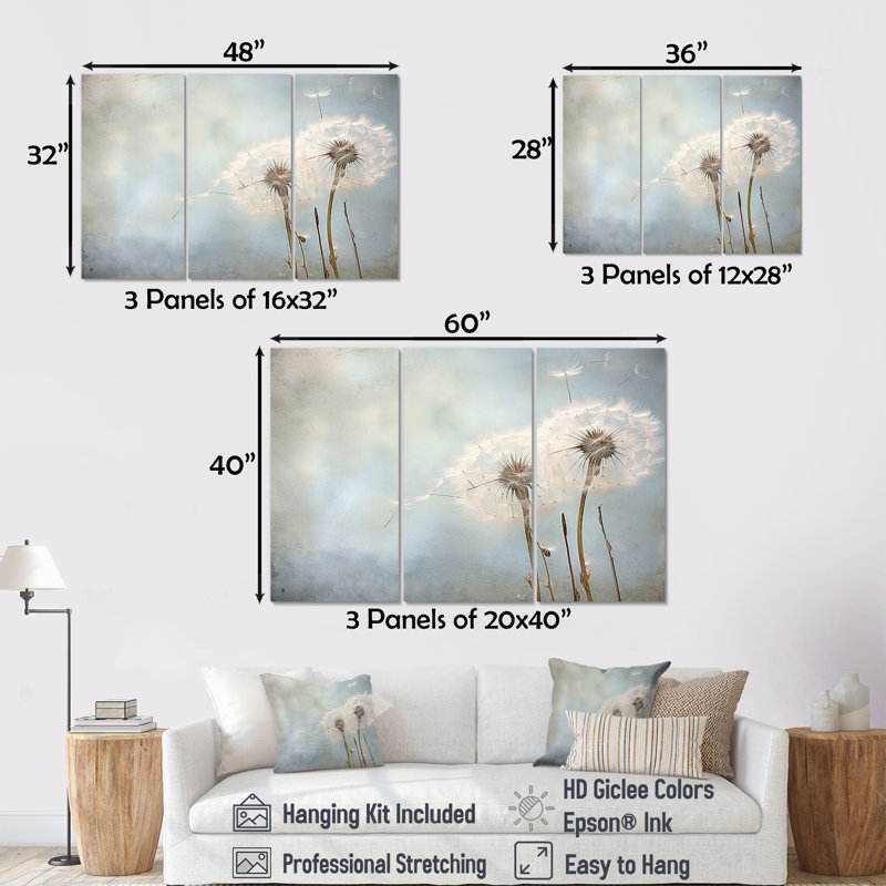«White Dandelion Farmhouse Still Life», ensemble d'art mural sur toile pissenlit, H 28 po x l 36 po