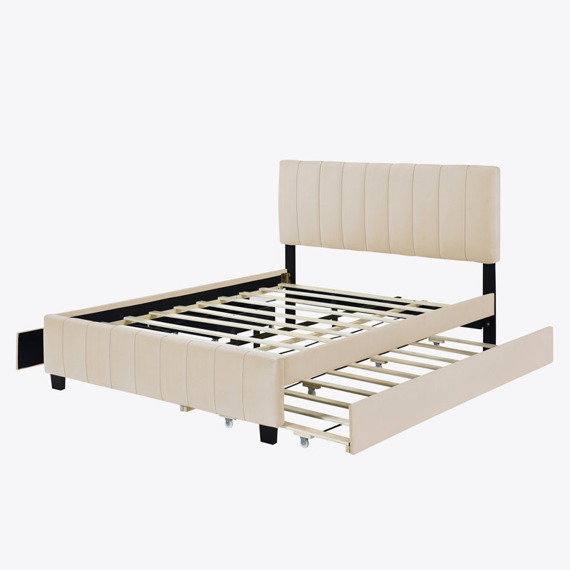 Lit plateforme tapissier en velours, Beige