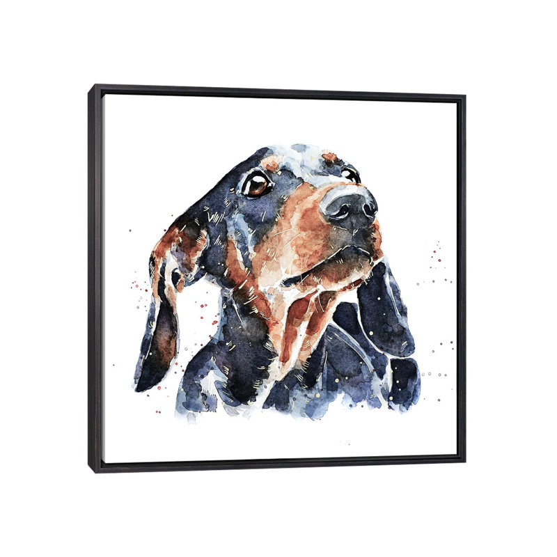 Teckel noir et brun clair par Edwatercolours-impression, Toile avec cadre noir patiné, Pas de tapis