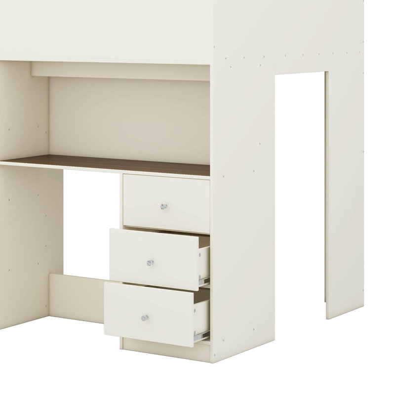 Lit mezzanine double en bois avec garde-robe, tiroirs, tablettes de rangement et bureau, Beige