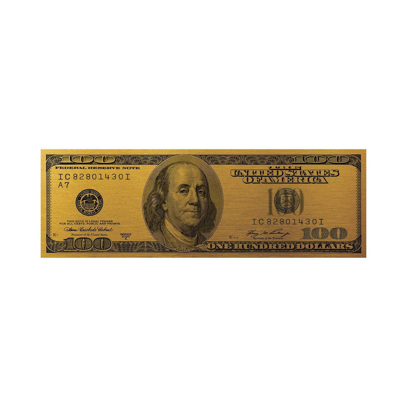 Hundred Dollar Bill - Gold - Panoramic Print on Canvas, 30.48cm H x 91.44cm W x 3.81cm D, Wrapped Canvas