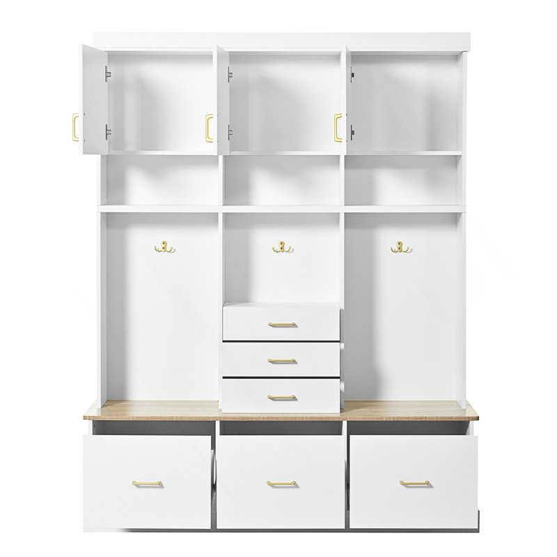 75'' H Entryway Hall Tree with Bench and Storage, 5-in-1 Modern Hall Tree with Coat Rack, 6 Drawers, 3 Cabinets and 3-Tier Top Storage for Hallway, Entryway, Living Room, Mudroom