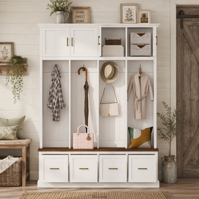 Farmhouse Entryway Hall Tree with Coat Hooks, Cabinets and Drawers