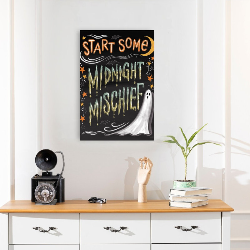 «Midnight Mischief», art mural rétro fantaisiste, paysage, nature, 24" H x 16" W
