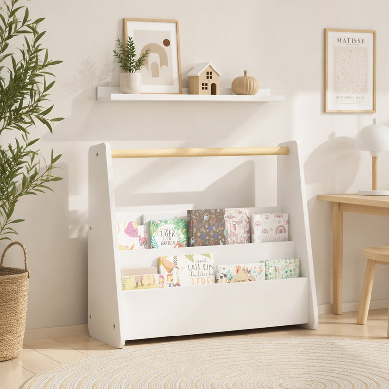 Étagère pour enfants avec poignée en bois, bibliothèque à 2 niveaux pour tout-petits, rangement de livres portatif pour enfants, blanche
