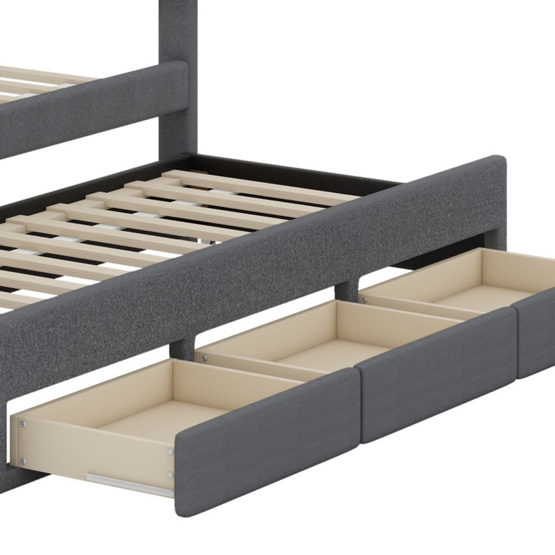 Lit plateforme tapissier avec lit gigogne et tiroirs, Gris, Lit simple