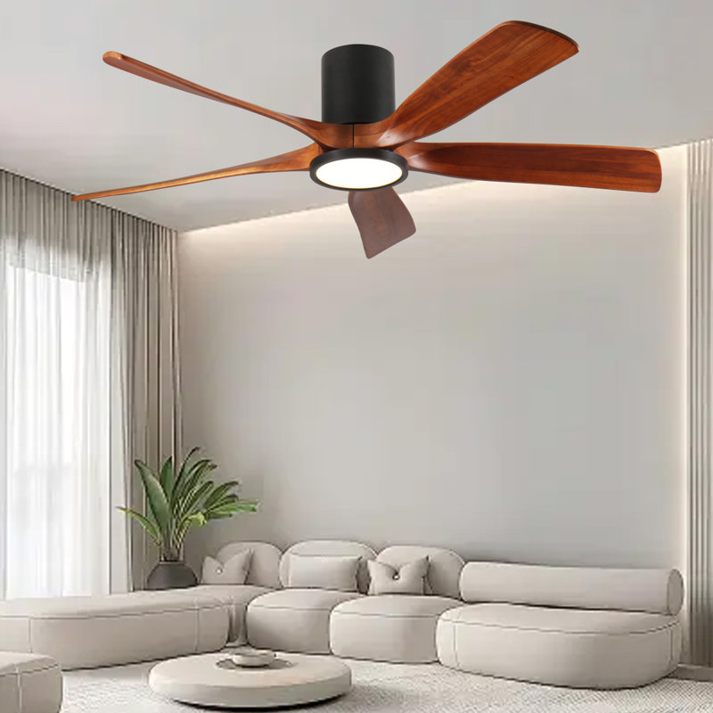 Ventilateur de plafond de 60 po avec éclairage, plafonnier encastré, 5 pales en bois massif, moteur CC réversible silencieux, application et télécommande, DEL à spectre complet à intensité variable, pour salon ou chambre à coucher de 20 pi x 20 pi, conception de plafond sans pente