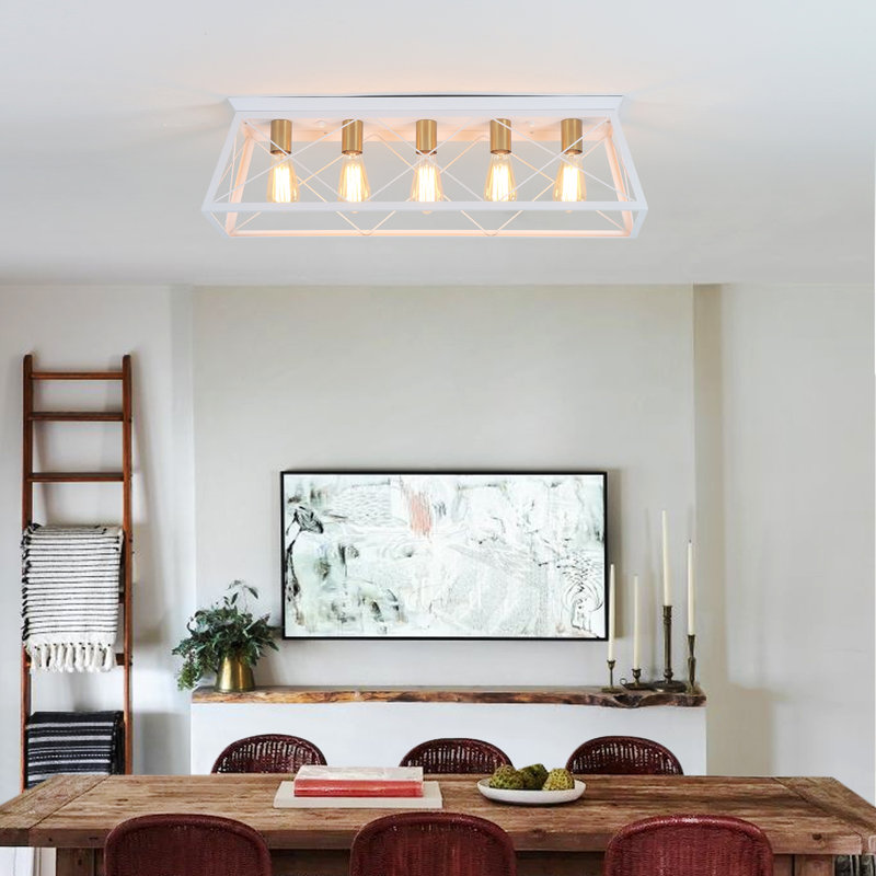 Ciarrai 5-Light Flush Mount Rectangular Ceiling Vintage Farmhouse Style, White/Gold