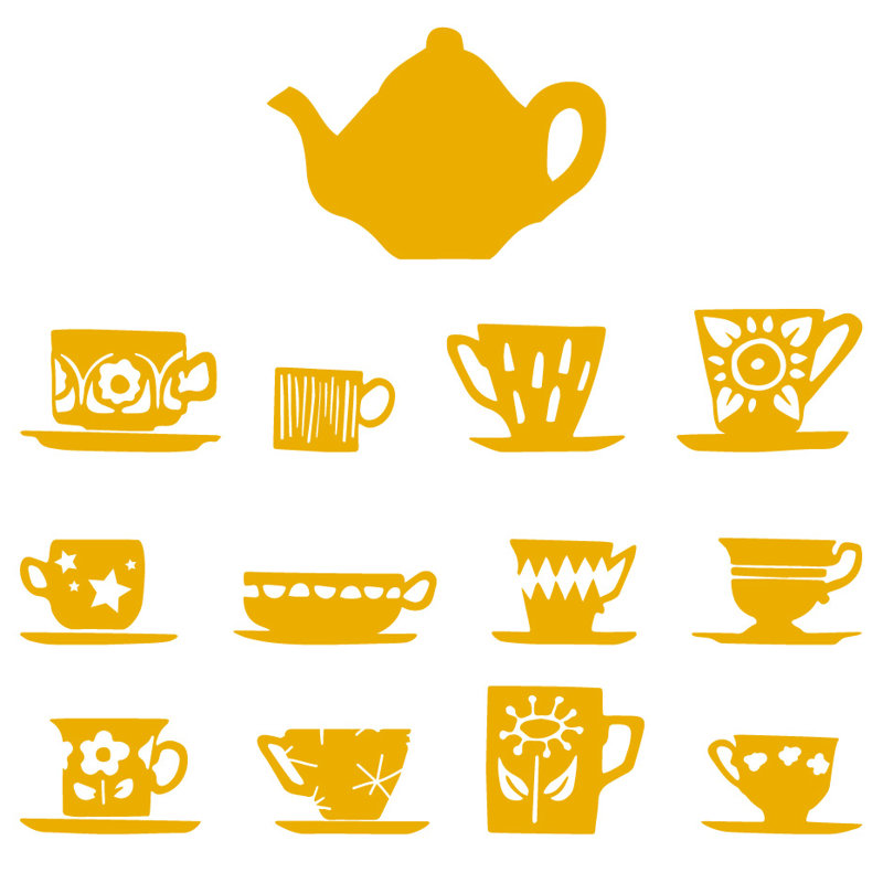 Décalcomanie murale tasses de thé, H 32 po x l 33 po x P 0,01 po, Jaune signalisation