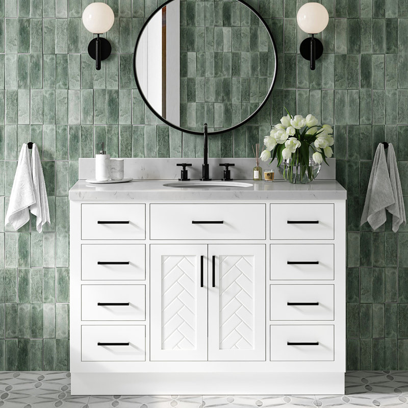 Meuble-lavabo ovale simple 48 po à chevrons avec comptoir en quartz blanc Carrara blanc, Ovale, Blanc