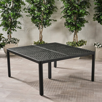 Table de salle à manger en aluminium avec accents tissés, cadre noir mat antique, structure, table d'extérieur 61,83 po x 28,16 po, texture antique, base rouille