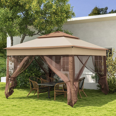 Abri escamotable 11 'X. Pavillon de jardin extérieur avec filet amovible. Tente instantanée pour le plaisir dans la cour. Kaki. Fabriqué en métal robuste double. Pour les activités de jardin à fermeture à glissière pour abri de patio. Grande construction.