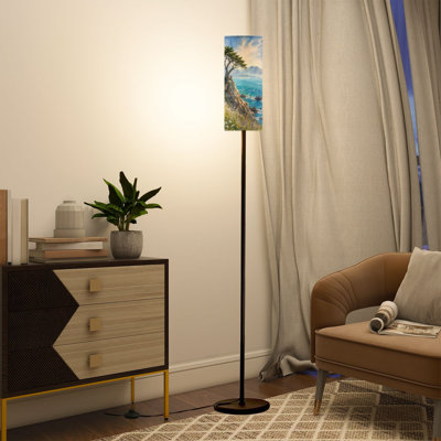 Modern Tall Floor Lamp with Remote Control Dimmable LED, Adjustable Lampshade Coastal Landscape for Living Room Bedroom Office