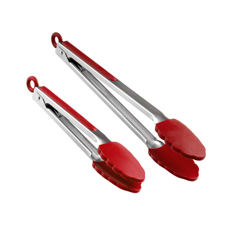Ensemble de pinces de cuisine 9 et 12 pouces pour restaurant, 1 pince à vaisselle lavable - Tête en silicone festonnée, poignée avec repose-pouce, pinces en acier inoxydable rouge pour la cuisson, verrou facile à tirer