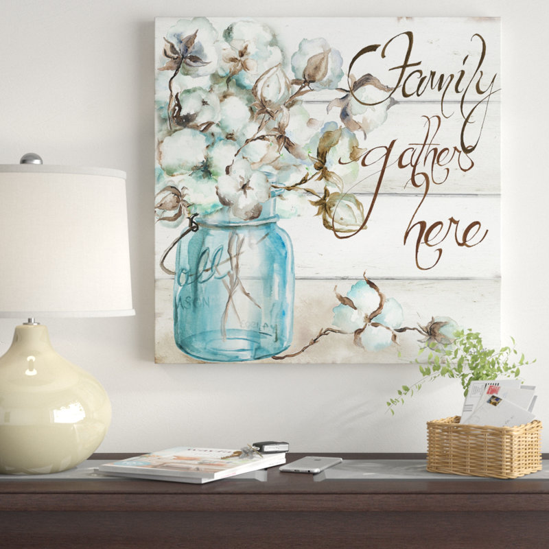 «Cotton Boll in Mason Jar Family Gather Here», reproduction d'art encadrée, H 30 po x l 30 po x P 1,5 po