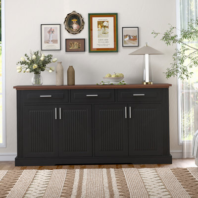 Buffet de style buffet cannelé de 63 po avec rangement, station de café moderne avec 4 portes et 3 tiroirs, console de rangement de cuisine en bois pour le vestibule du salon, noir
