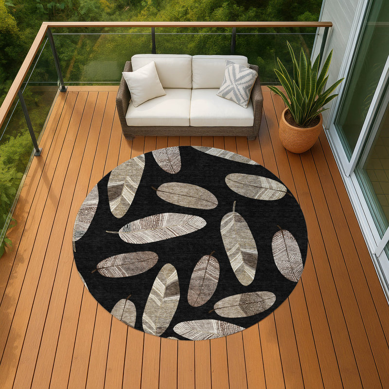 Machine Washable Indoor/Outdoor Chantille ACN2649 Botanical Rug, 8' Round, Black