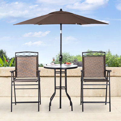 Mobilier de patio 4 pièces - 2 chaises pliantes, parasol à angle réglable, brun. Structure en acier, pour la réception, table en verre trempé brun