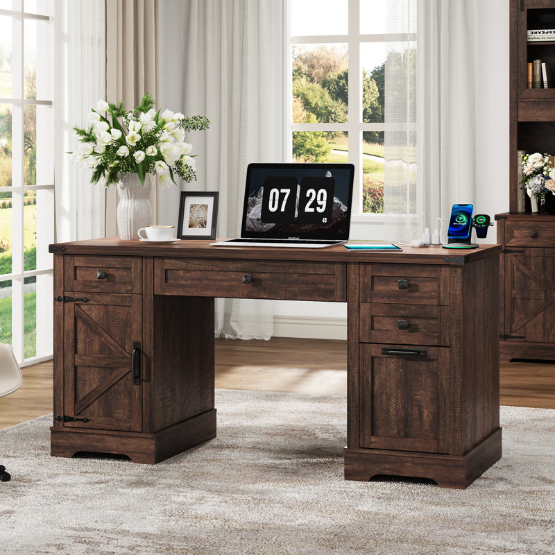  58'' W Rectangle Computer Desk with Storage Cabinet and Drawers, Farmhouse Home Office Desk, Wooden Executive Desk with Charging Station