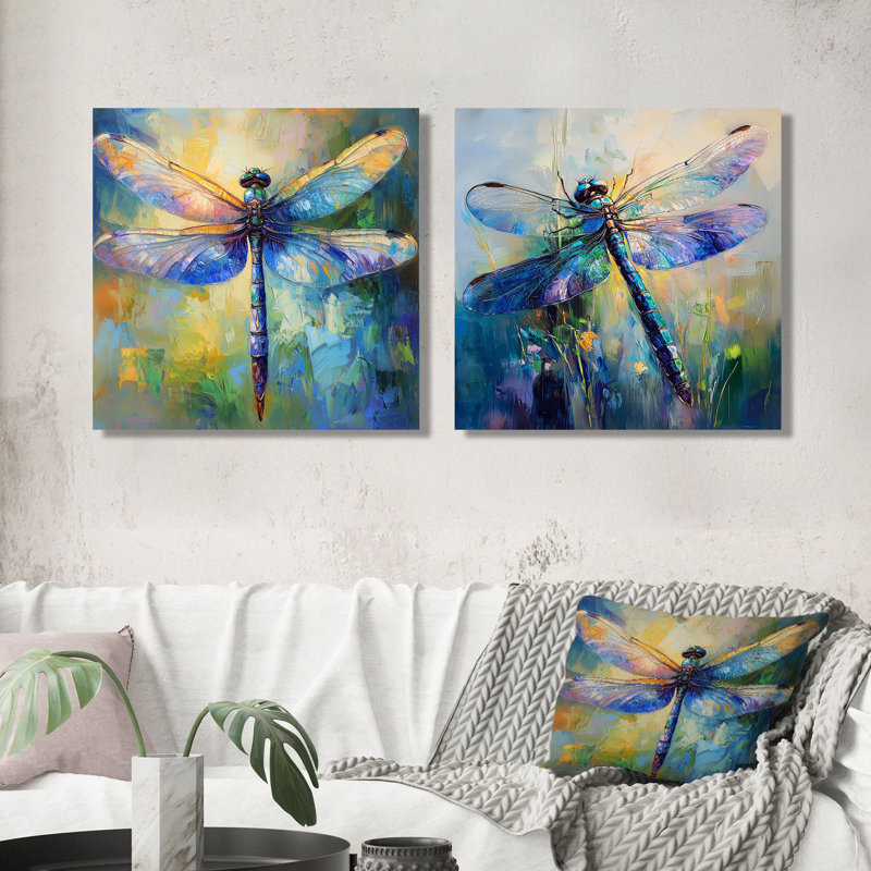Blue Green Dragonfly'S Iridescent Wings I - Dragonfly Animal Wall Art - Modern Wall Art Set 2 Piece, 16" H x 33" W