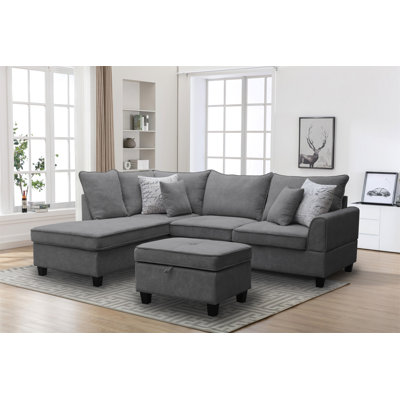 Canapé modulaire en tissu gris 99 pouces avec méridienne, repose-pieds avec rangement et 4 coussins décoratifs Harmony