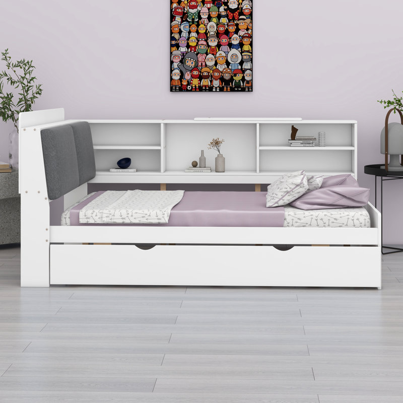 Full Size Wooden Storage Daybed Frame, Modern Platform Bed With Trundle & Flip Headboard & Shelves,Full Floor-Bed W/Upholstered Headboard&Storage, No Box Spring Needed