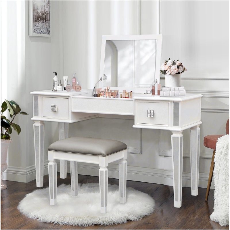 Vanity Set With Mirror And Stool - Makeup Vanity Table With Storage Drawers And Organizer, Space-Saving Design For Small Bedrooms