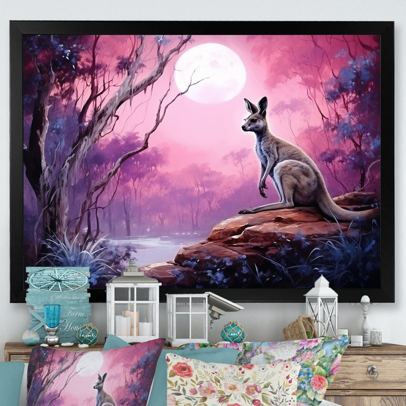 Paysage de kangourou au clair de lune I, Cadre simple noir, H 24 po x l 32 po x P 1 po