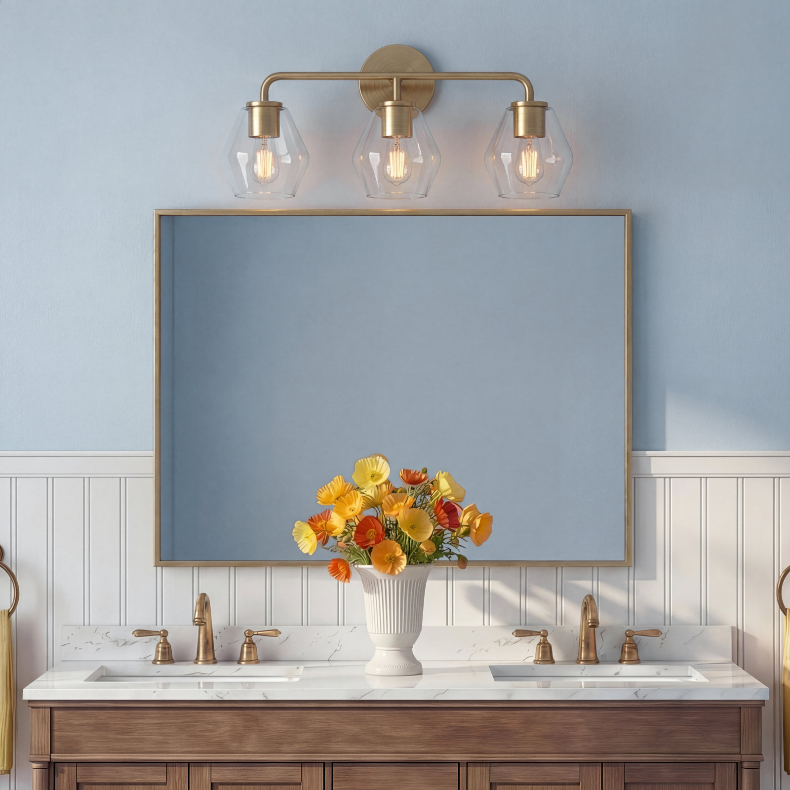 Rooks 3-Light Dimmable Vanity Light, Clear, Satin Brass