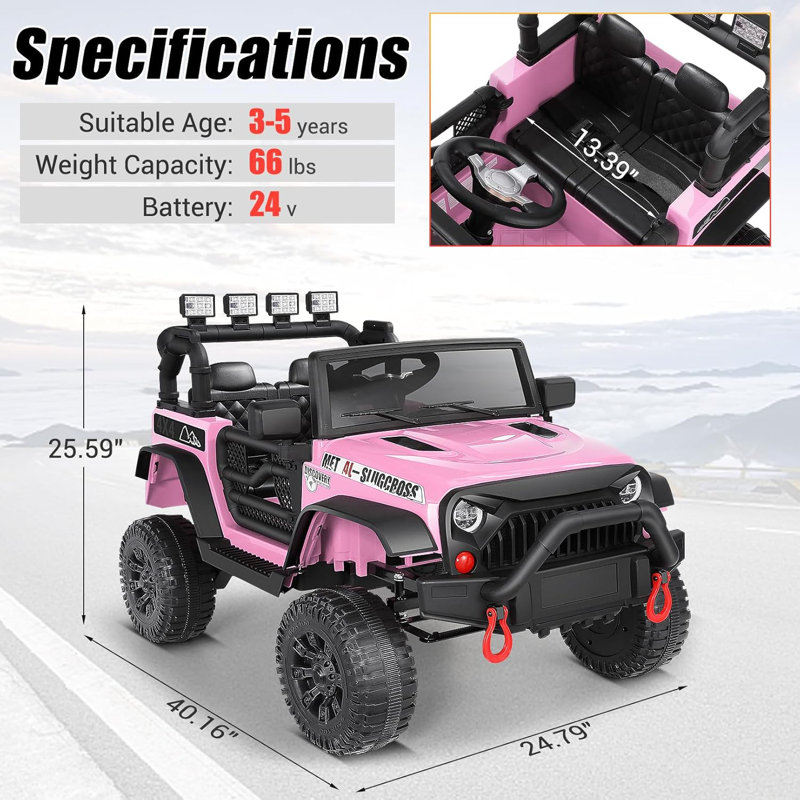 Alex 24V Electric Ride on Jeeps for Kids, Ride On Car Truck with Remote Control, Battery Power Car Wheels for Kids w/LED Lights, Bluetooth, Music, 3 Speeds, 24 Volt Ride on Toys for Boys and Girls