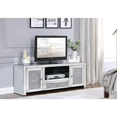 Meuble télé assemblé en miroir argenté avec incrustation de faux diamants, compartiment média ouvert, tiroir simple et 2 portes, pour téléviseur à écran plat de 50 po, plancher de 2 po, tiroir coulissant en métal, façade française, noir complet