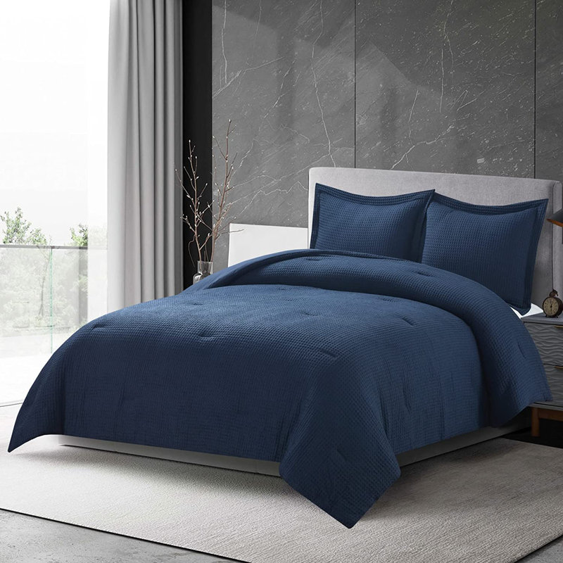 Wilmer Waffle Weave Textured Comforter Set, King Comforter + 2 King Shams, Navy